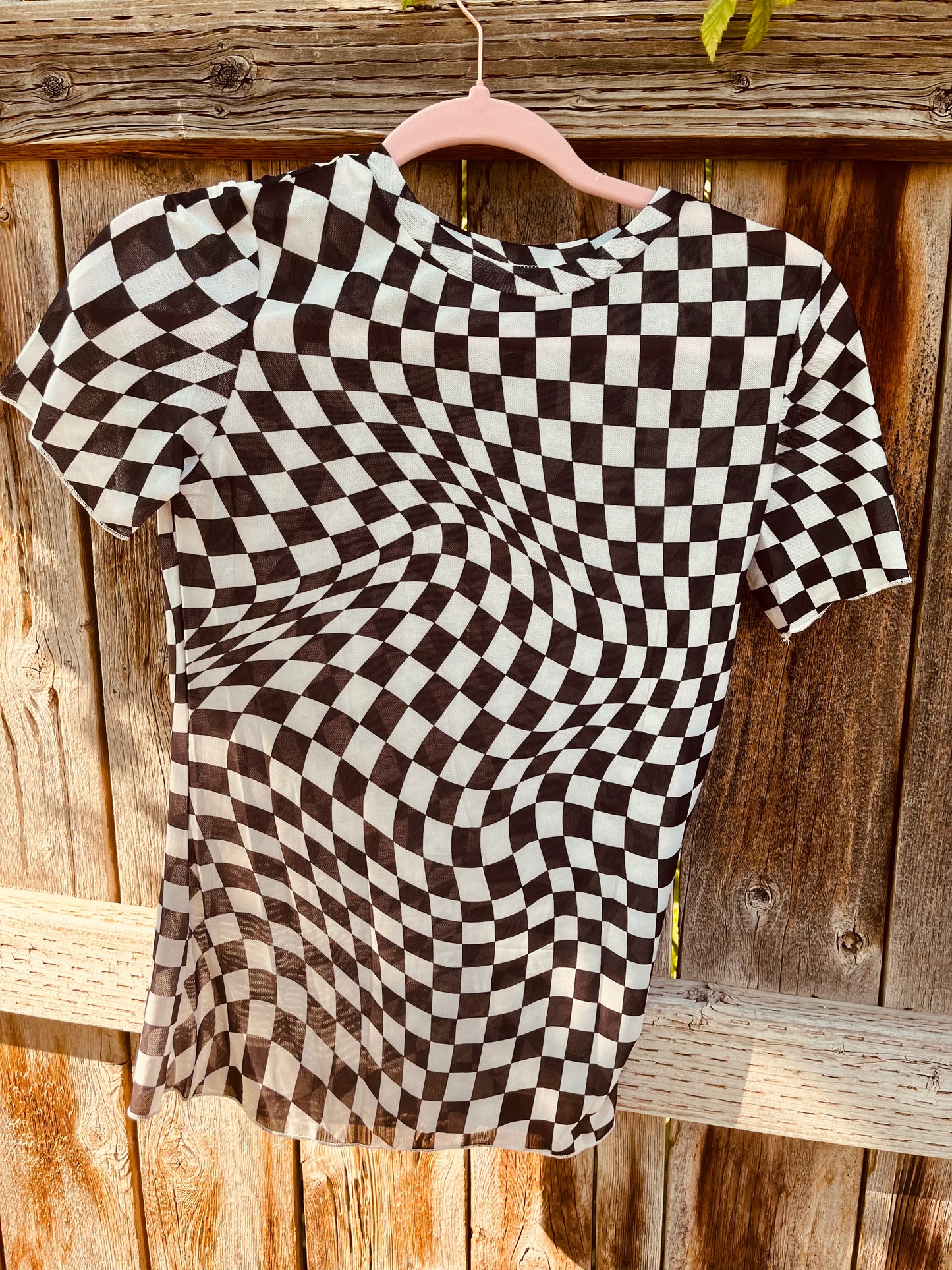 Checker mesh crew neck t shirt