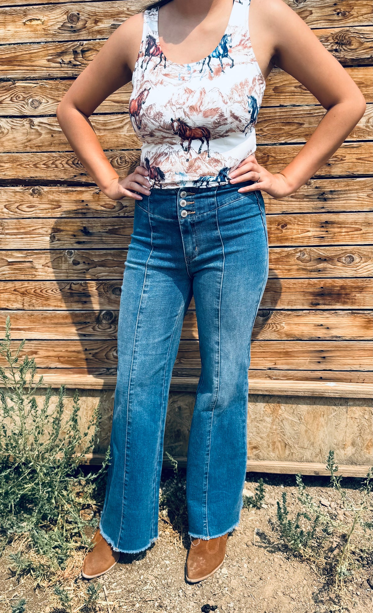 Western Horse Hat U Neck Slim Sleeveless Tank Top