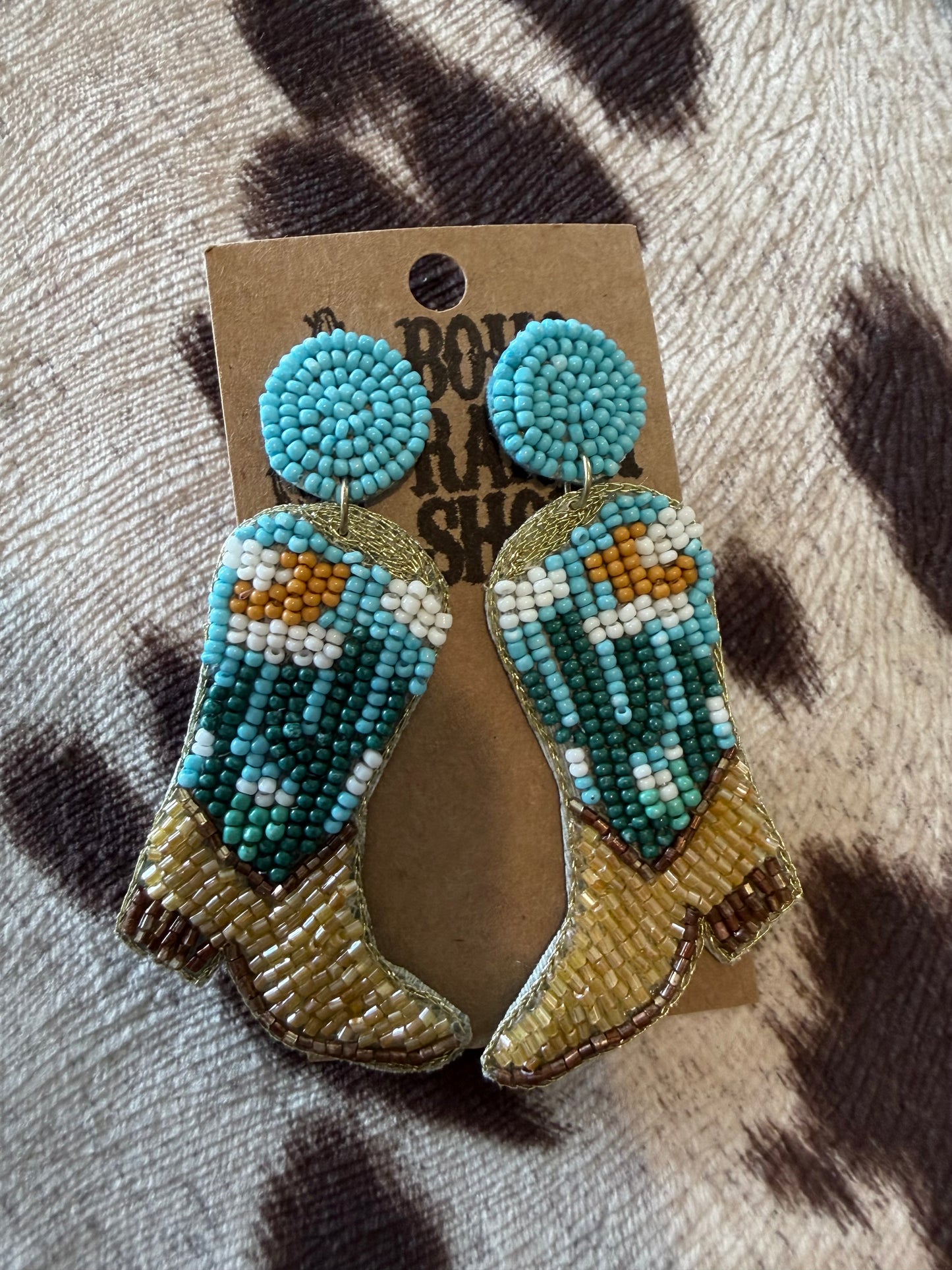 Seed Bead Western Boots Post Drop Earrings