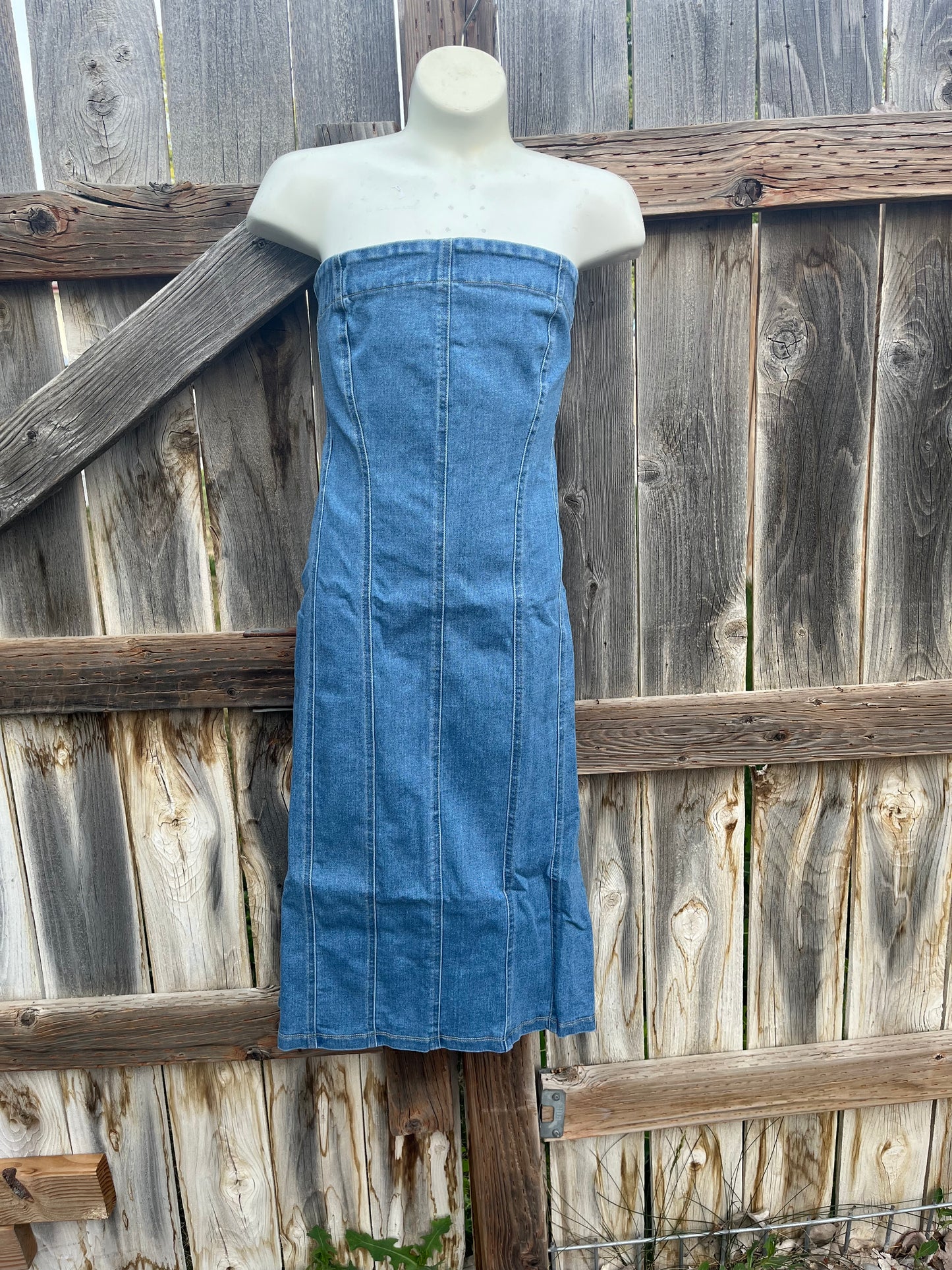 Denim Strapless Stretchy Midi Dress