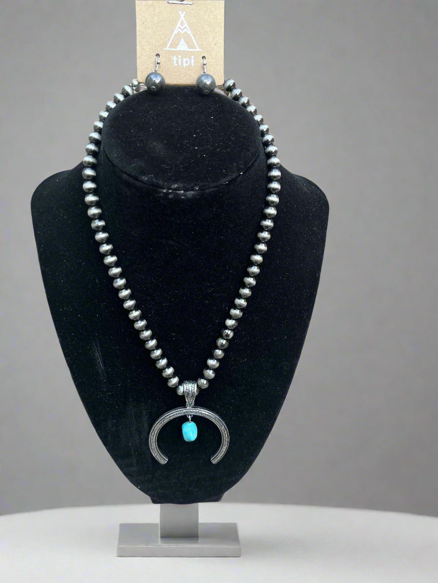 Western Navajo Faux Pearl Naja Necklace Earring Set