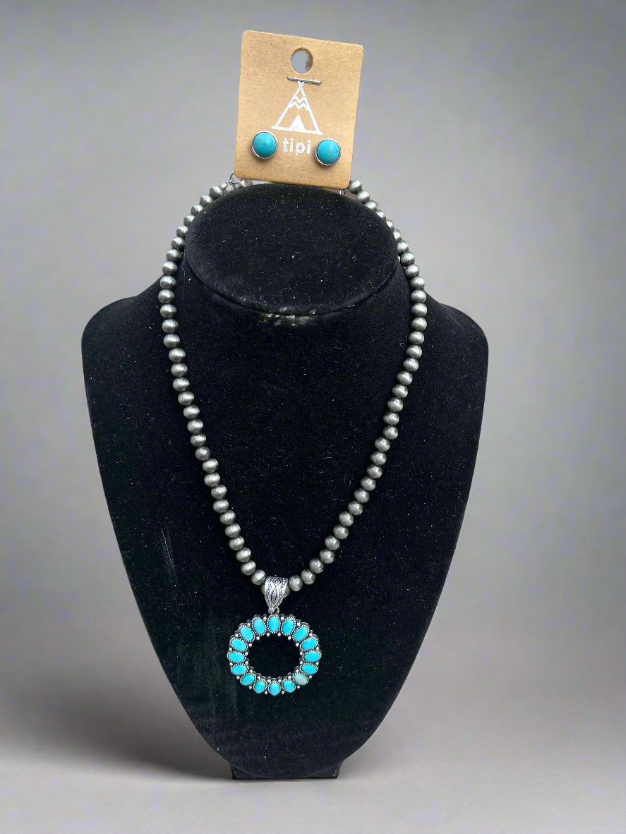 Navajo Faux Pearl Open Circle Turquoise Necklace Set