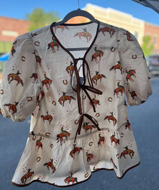 Cowboy Print Puff Sleeve Bowknot Babydoll Blouse