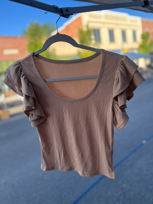 Ribbed Knit Ruffled Shoulder Slim Fit Tank Top