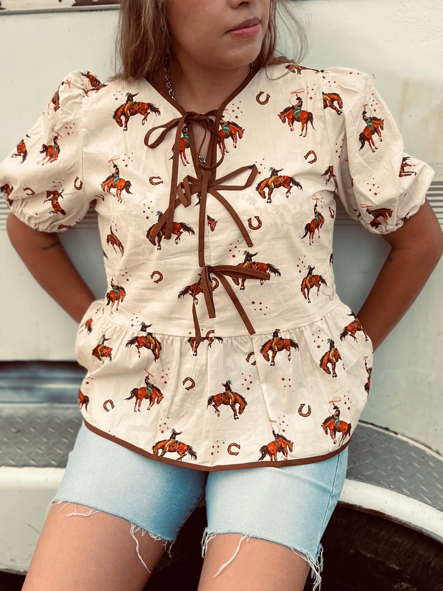 Cowboy Print Puff Sleeve Bowknot Babydoll Blouse