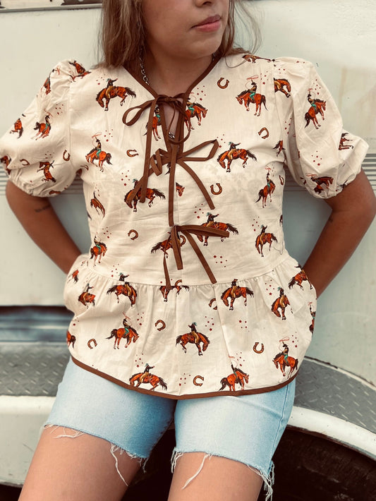 Cowboy Print Puff Sleeve Bowknot Babydoll Blouse