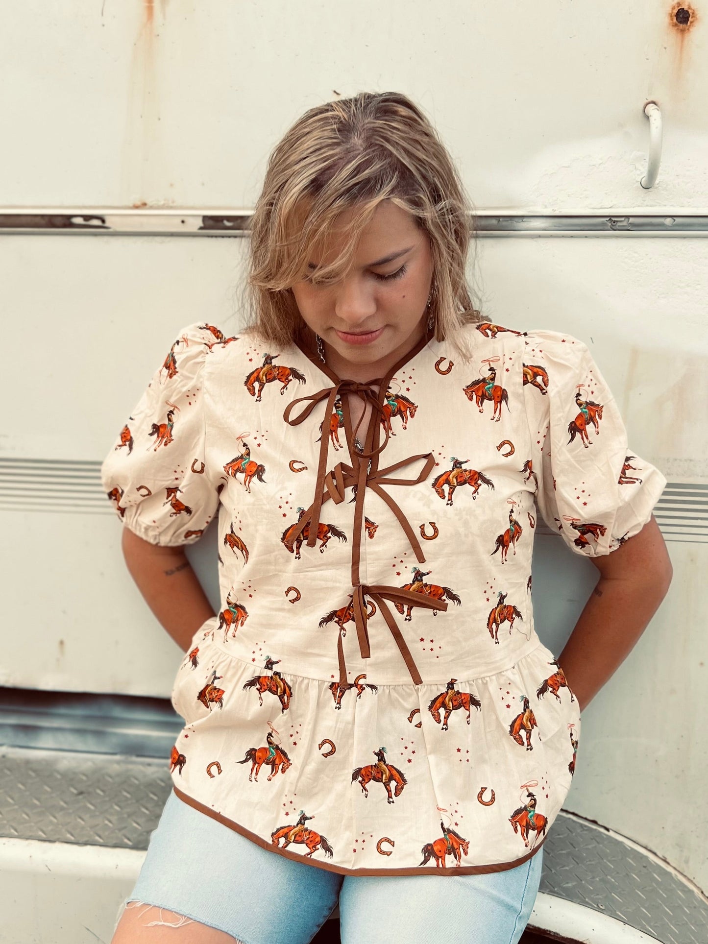 Cowboy Print Puff Sleeve Bowknot Babydoll Blouse