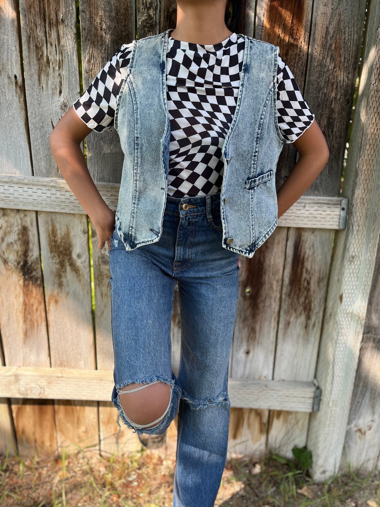 Checker mesh crew neck t shirt