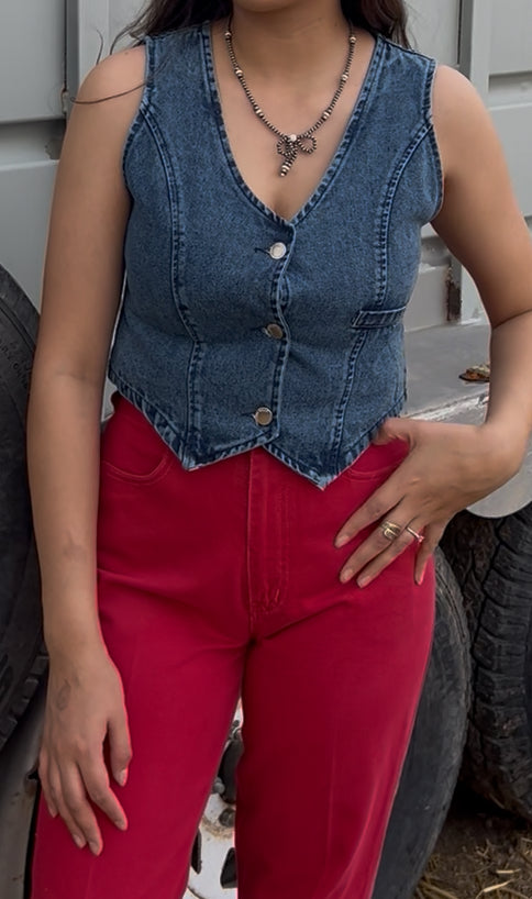 Denim Crop Vest Dark Blue