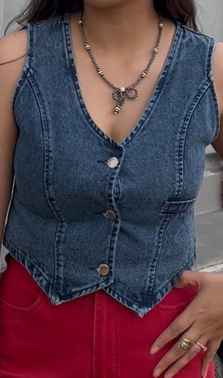 Denim Crop Vest Dark Blue