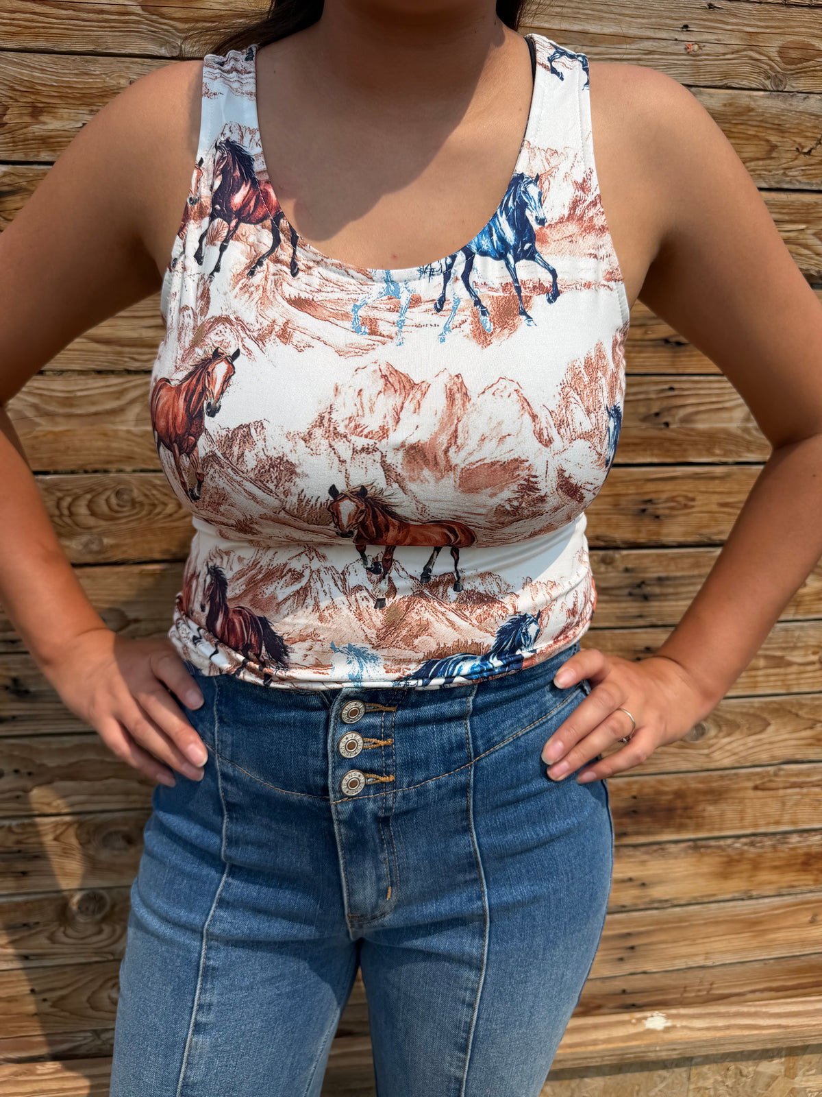 Western Horse Hat U Neck Slim Sleeveless Tank Top