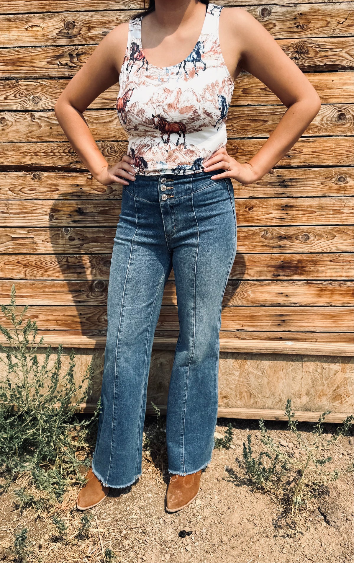 Western Horse Hat U Neck Slim Sleeveless Tank Top
