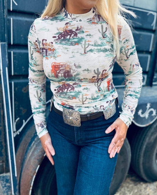 Western Print Long Sleeve Mesh Top