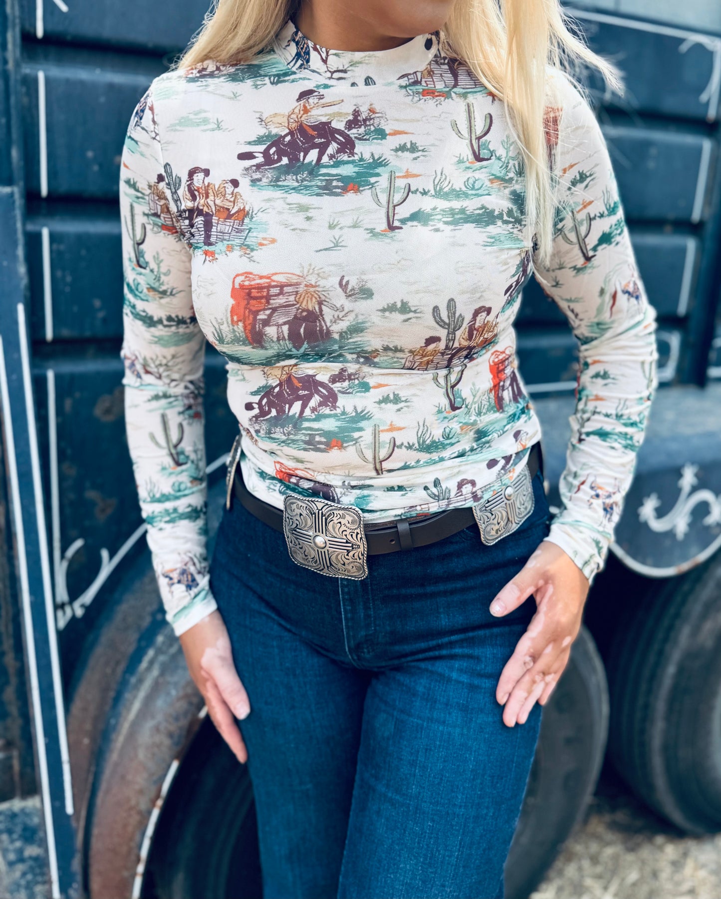 Western Print Long Sleeve Mesh Top