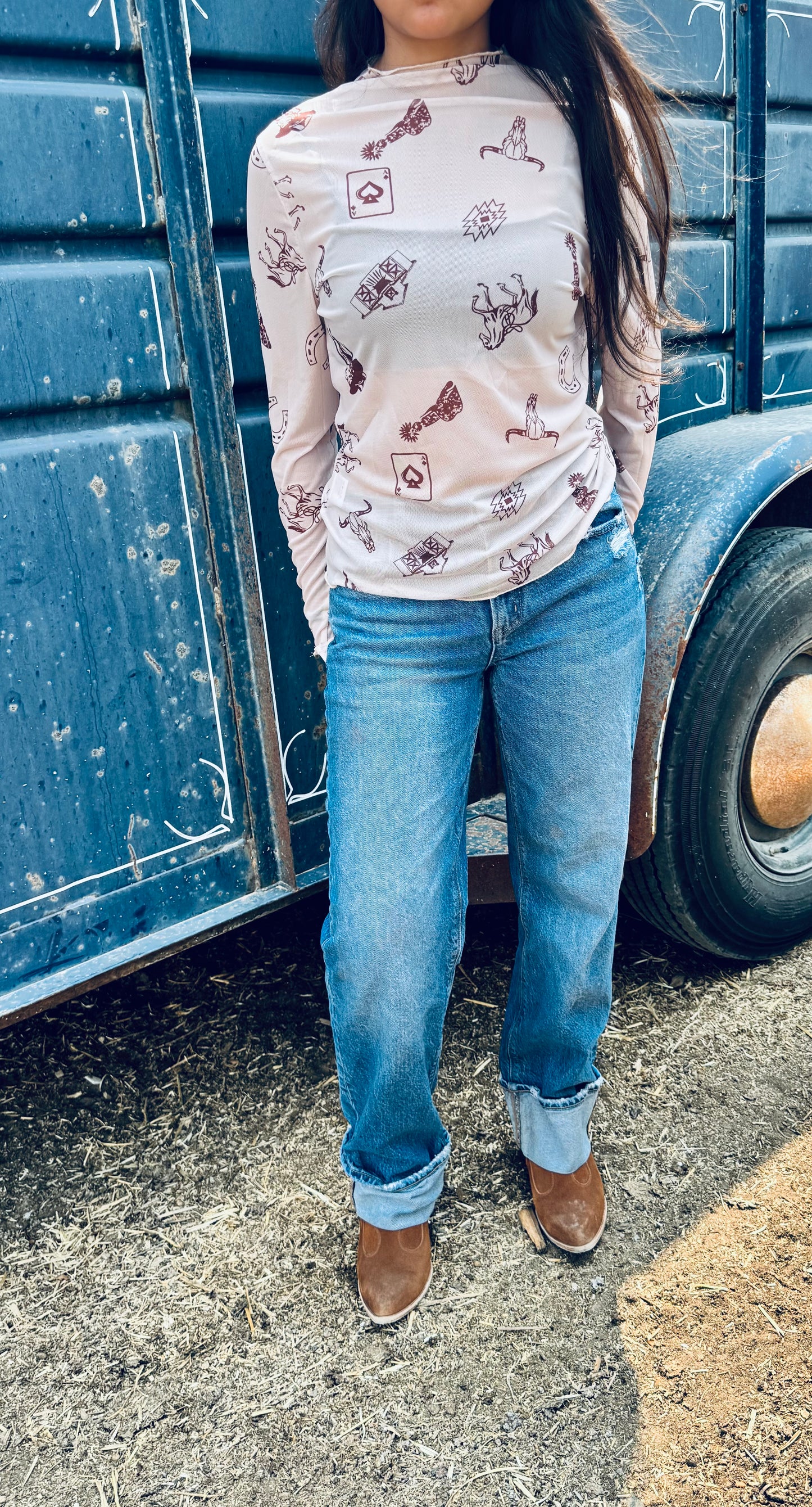 Western Print Slim Fit Mesh Long Sleeve Mock Neck Top