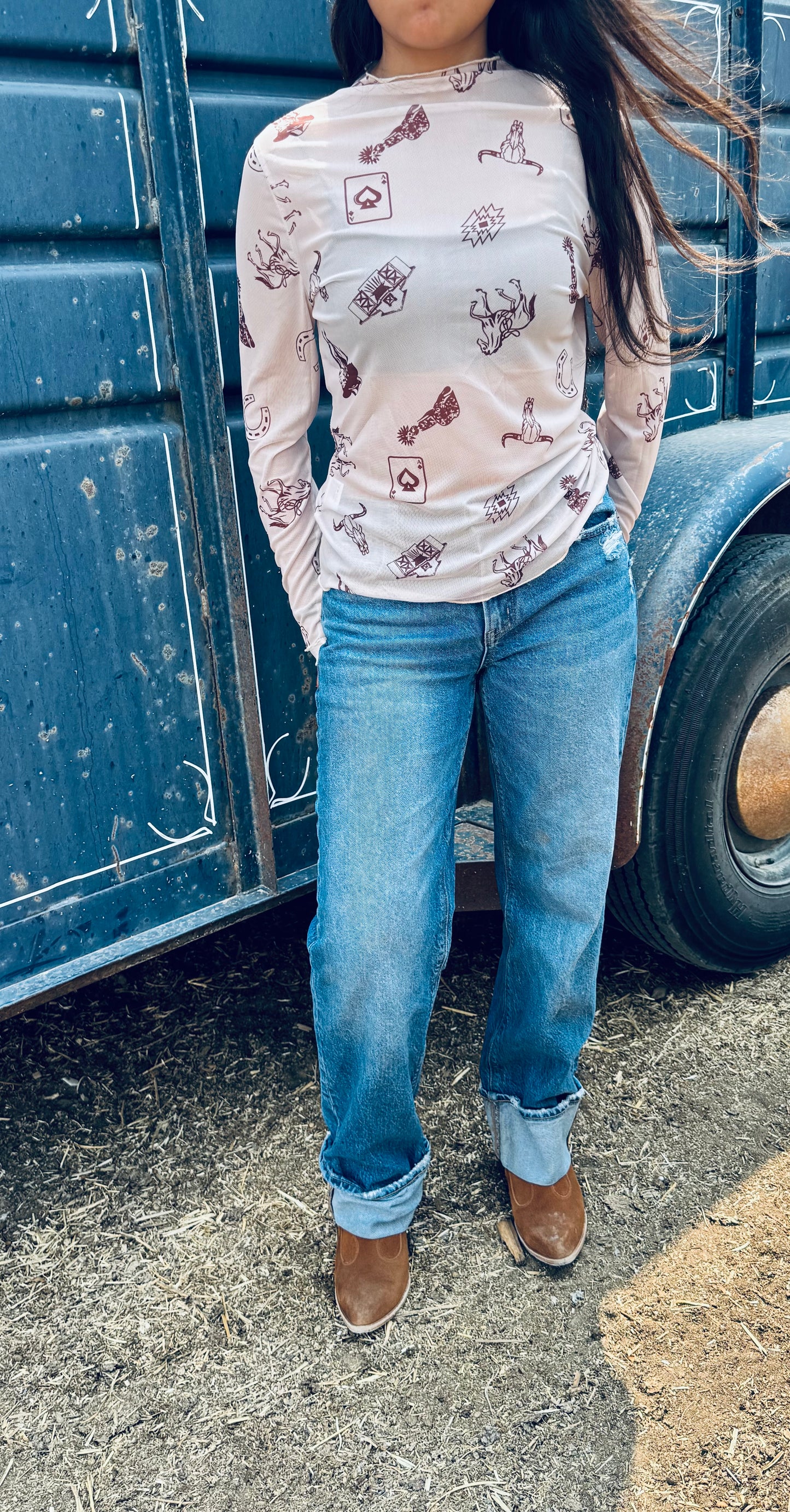 Western Print Slim Fit Mesh Long Sleeve Mock Neck Top