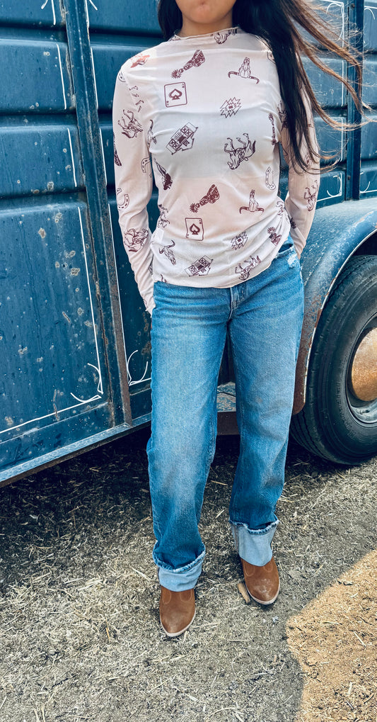 Western Print Slim Fit Mesh Long Sleeve Mock Neck Top