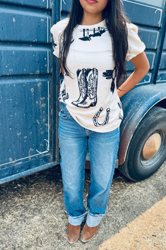 Western Retro Print Shift Round Neck T Shirt
