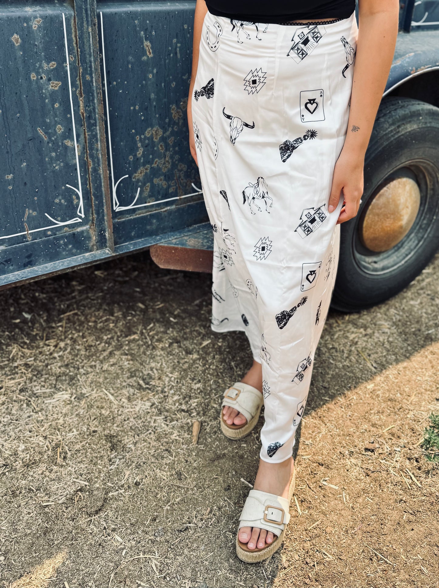Western Print Satin Long Skirt