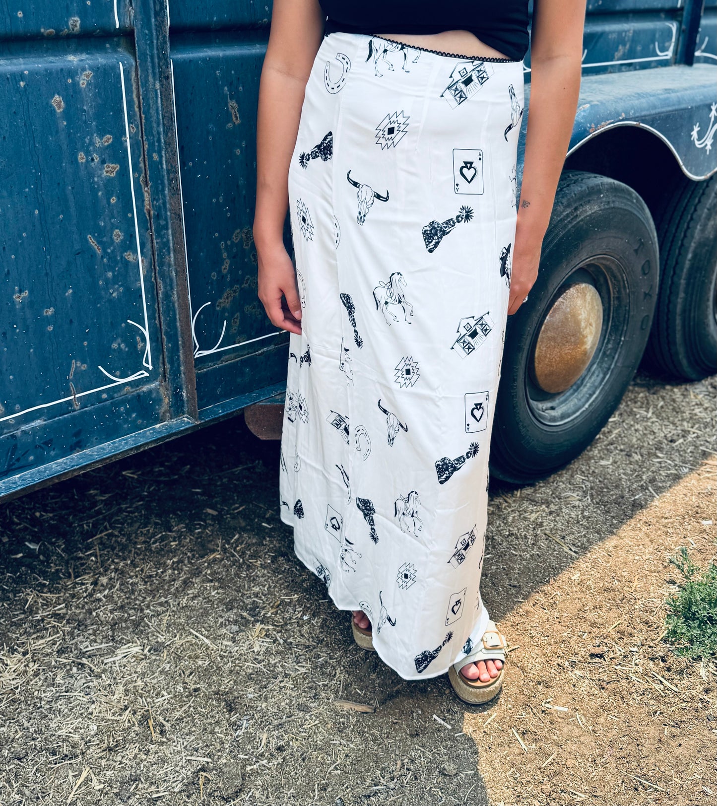 Western Print Satin Long Skirt