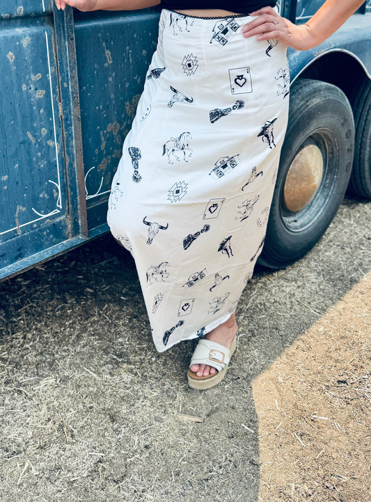 Western Print Satin Long Skirt