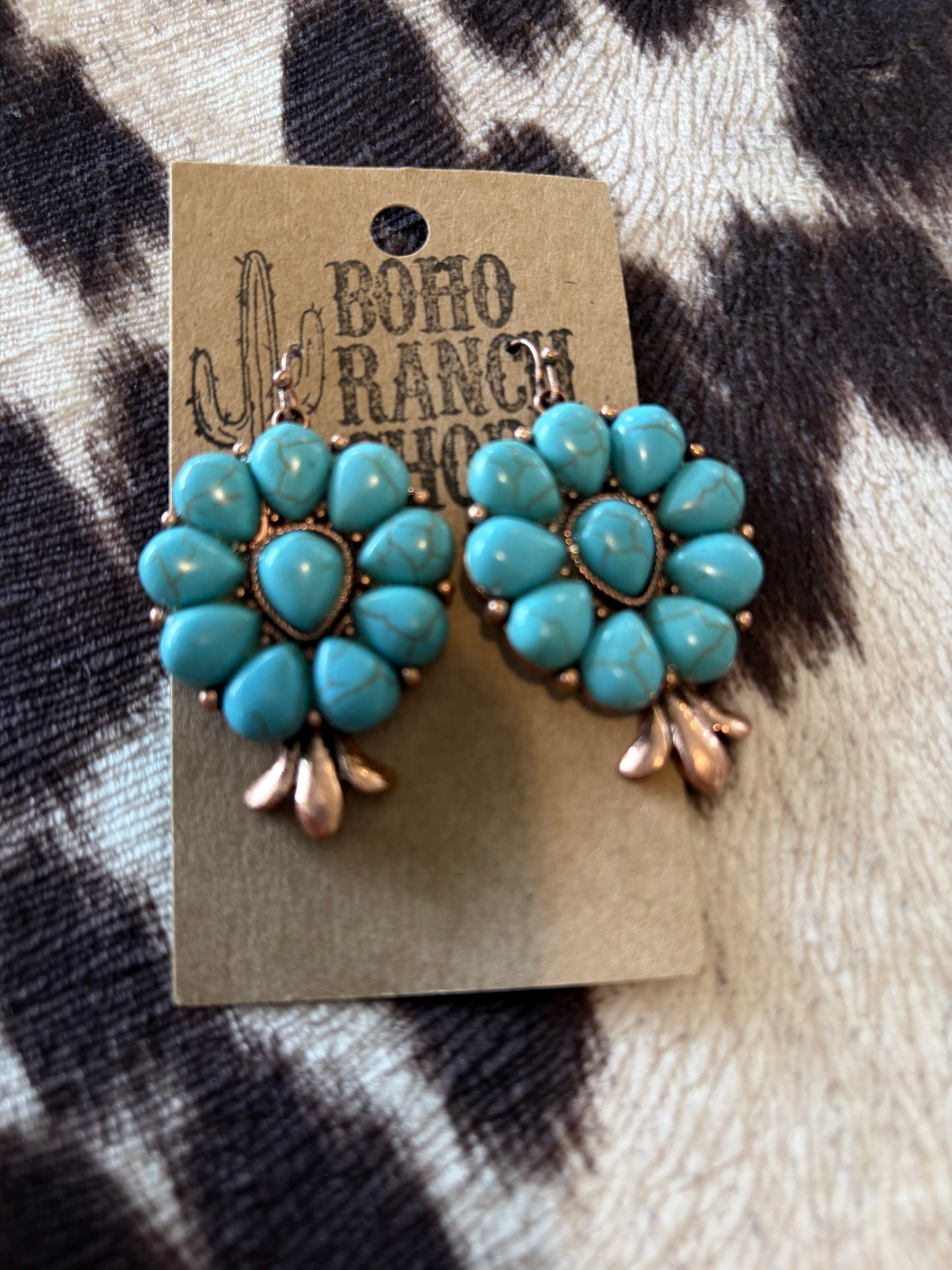 Turquoise Stone Western Squash Blossom Dangle Drop Earrings