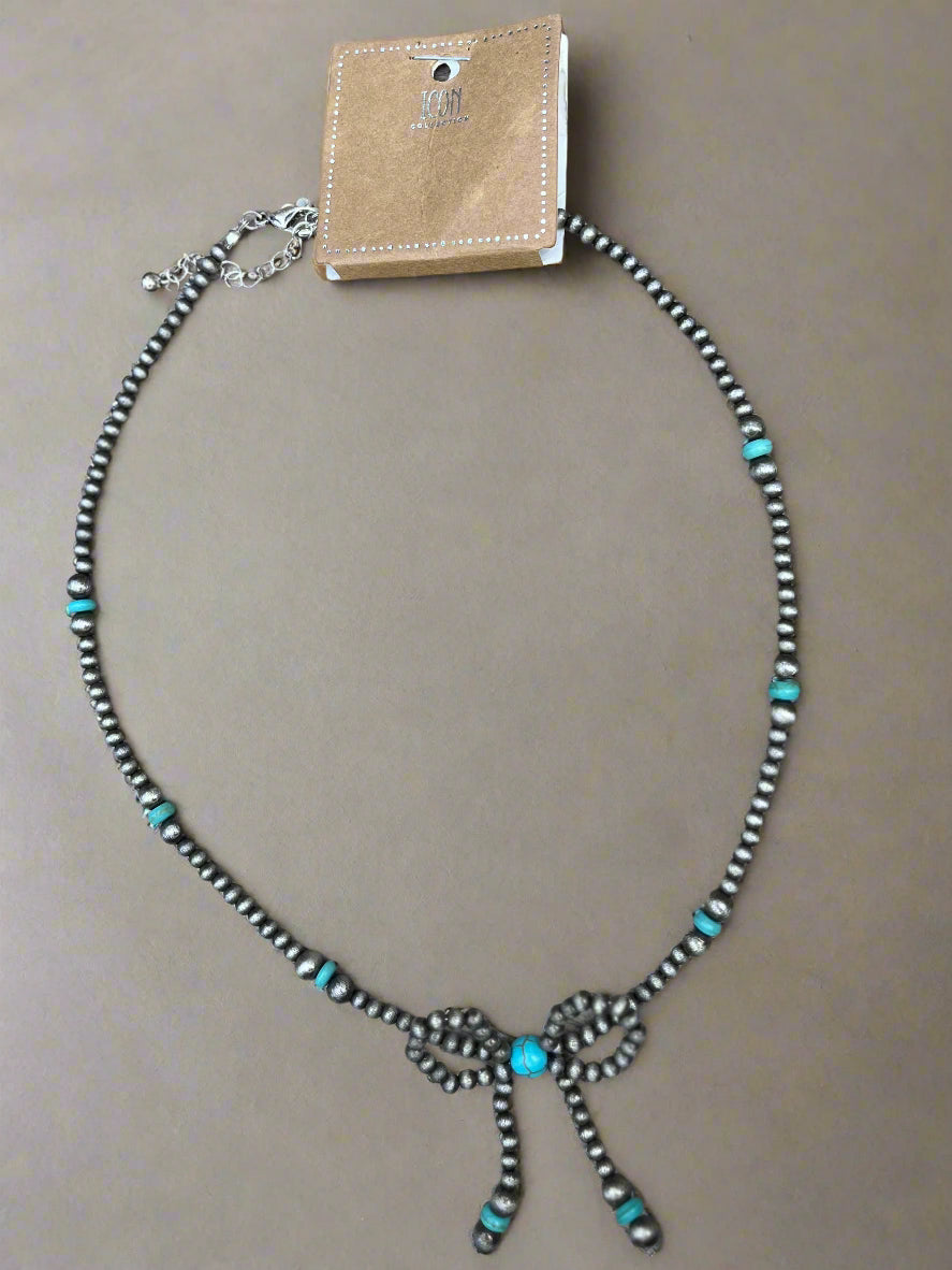 Western Marbled Faux Pearl Bow Knot Necklace