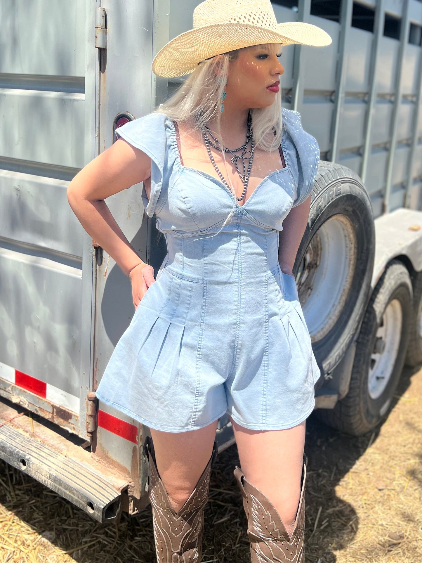 Sweetheart Ruffle Sleeve Denim Romper