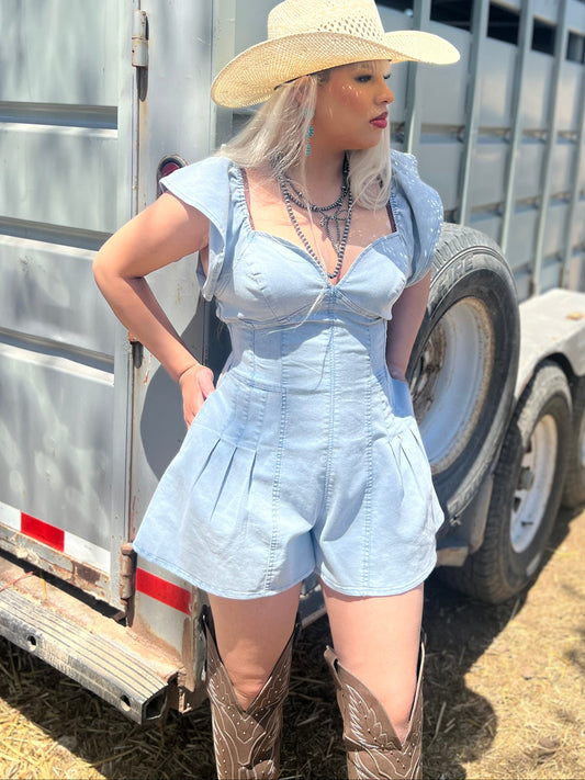 Sweetheart Ruffle Sleeve Denim Romper