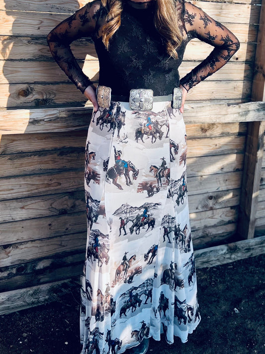 Western Cowboy Print Mesh Skirt