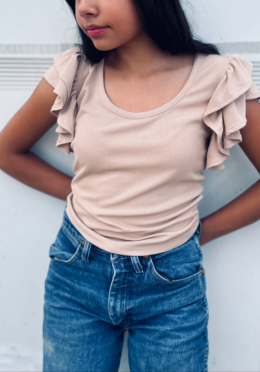 Ribbed Knit Ruffled Shoulder Slim Fit Tank Top