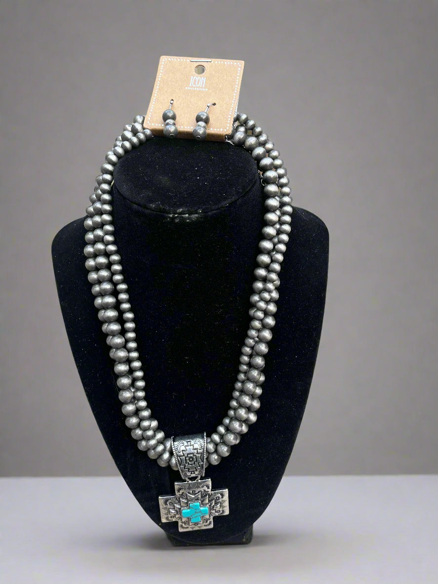 Western Metallic Faux Rock Bead Cross Necklace Set