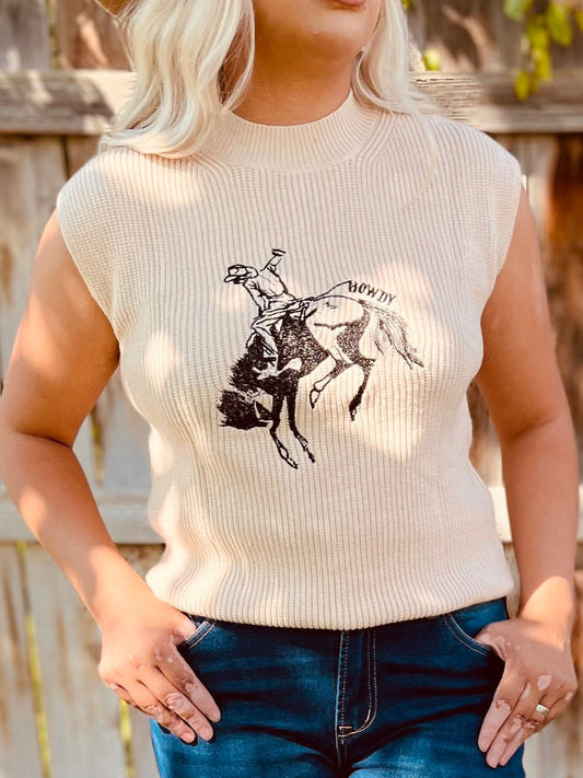 Cowboy Embroidered High Neck Sweater Vest