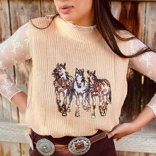 Sequin horse graphic knitted sweater vest