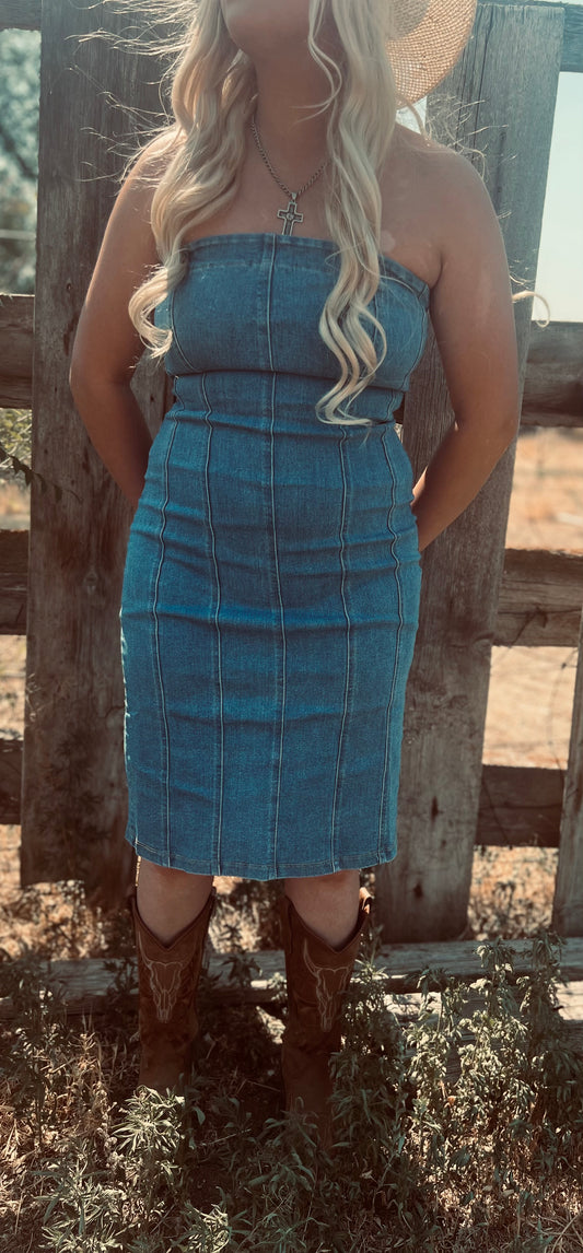 Denim Strapless Stretchy Midi Dress