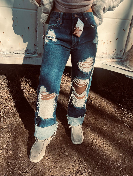 Wranglers, distressed denim