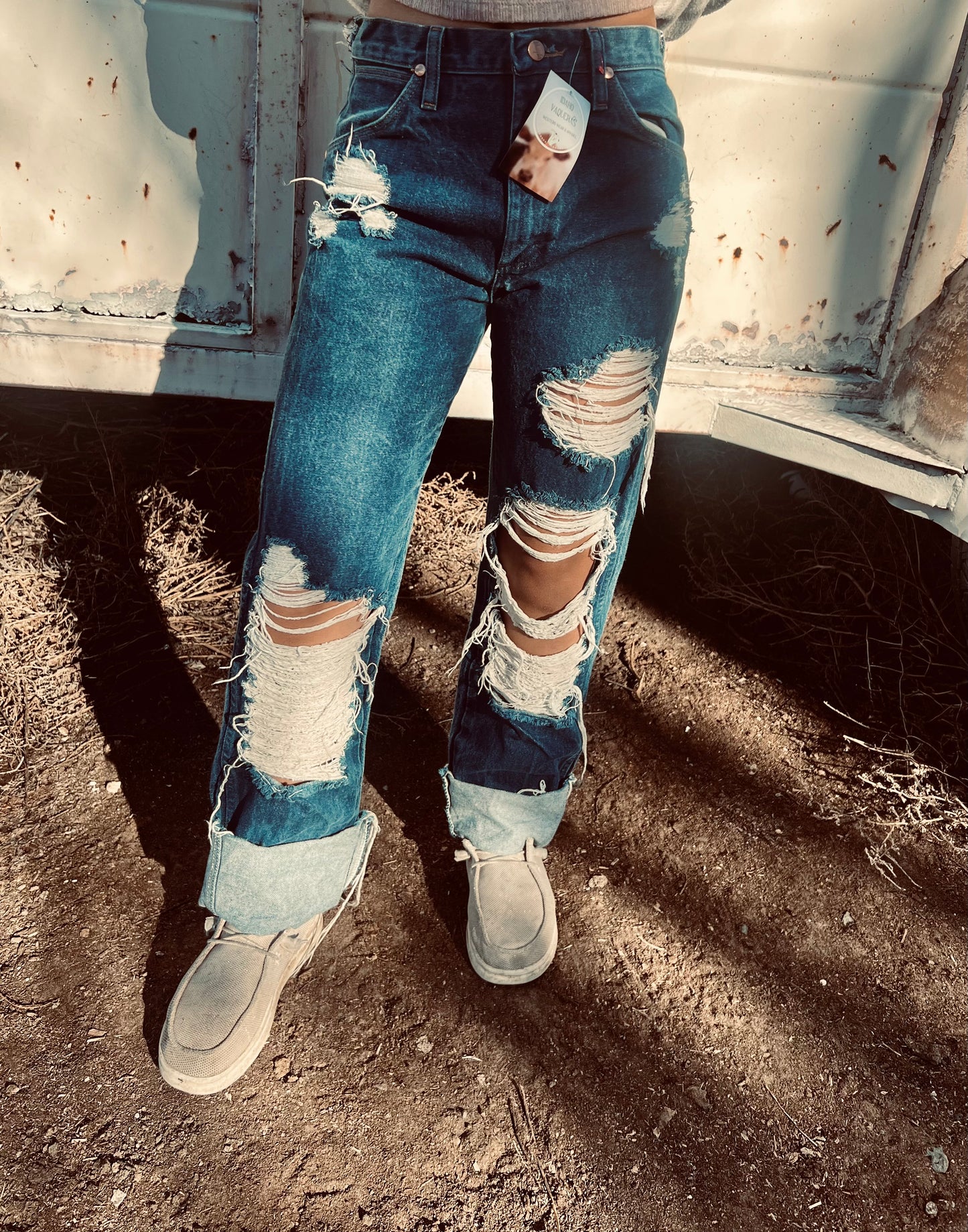 Wranglers, distressed denim